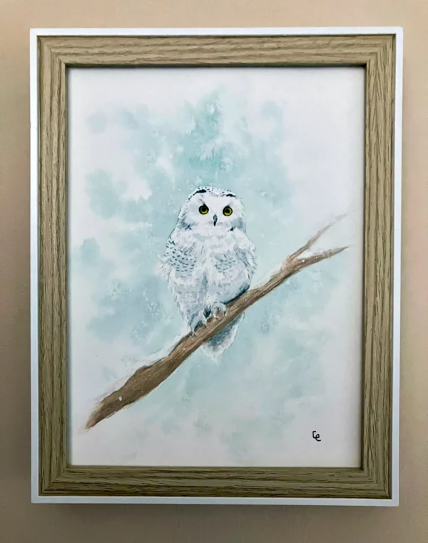 Aquarelle encadrée chouette des neiges réaliste, sur une branche, sous la neige