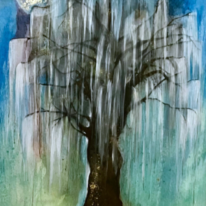 Scan aquarelle encre de Chine bronze, saule pleureur sous pleine Lune