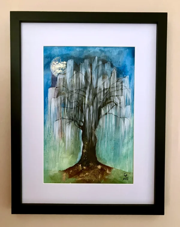 Aquarelle encre de Chine bronze, saule pleureur sous pleine Lune