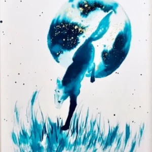 Loup au clair de Lune, monochrome encre aquarelle vert paon et bronze