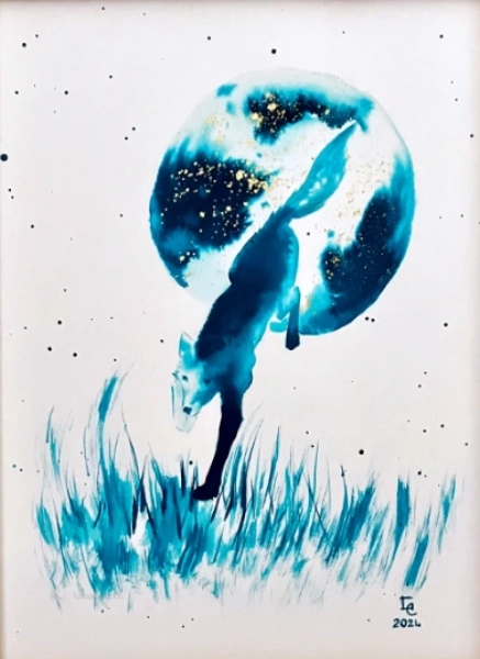 Loup au clair de Lune, monochrome encre aquarelle vert paon et bronze