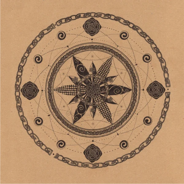 Tirage d'un mandala avec frises et motifs celtiques au stylo noir
