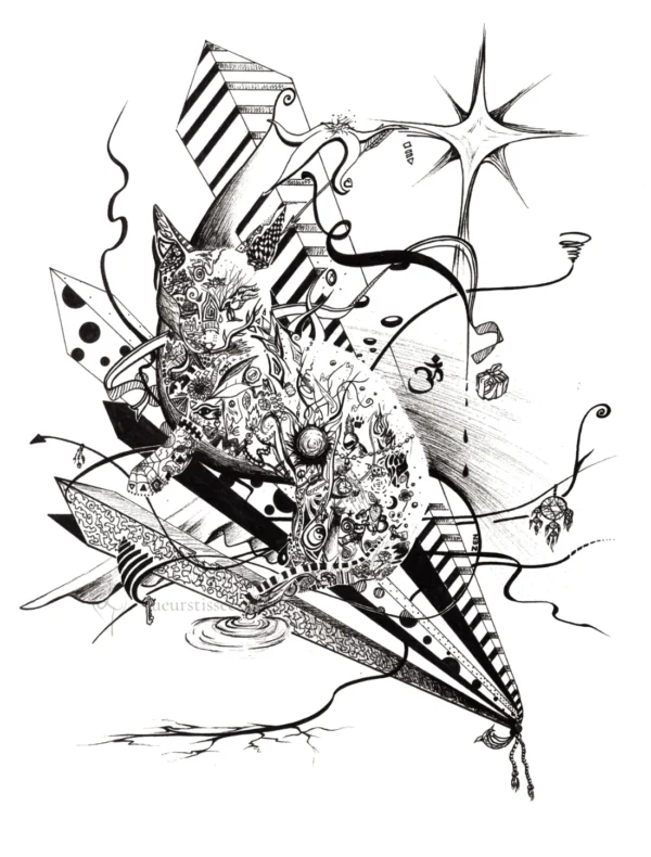 Tirage d'un dessin abstrait au stylo noir façon doodle faisant apparaître la silhouette d'un chat