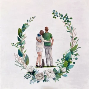 Aquarelle sur toile, silhouettes couple avec couronne de fleurs