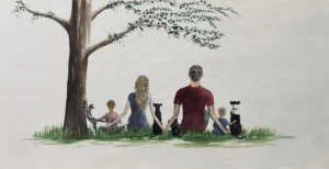 Aquarelle sur toile, silhouettes d'une famille (parents, 2 filles, 2 chiens et 2 chats) avec décor végétation