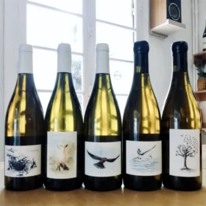 5 bouteilles de vin, présentant les étiquettes faites par Cyrielle Grimault (Lueurs Tissées) pour le vigneron David Landron