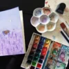 Carte aquarelle champs lavande papillons en cours pinceaux palette coffret peinture