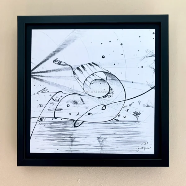 Tirage d'un dessin abstrait au stylo bille noir autour des arts, encadré