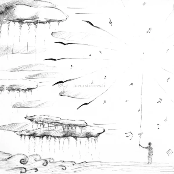 Tirage d'un dessin imaginaire au stylo bille noir, homme tient un "parapluie musical" éloignant nuages et pluie