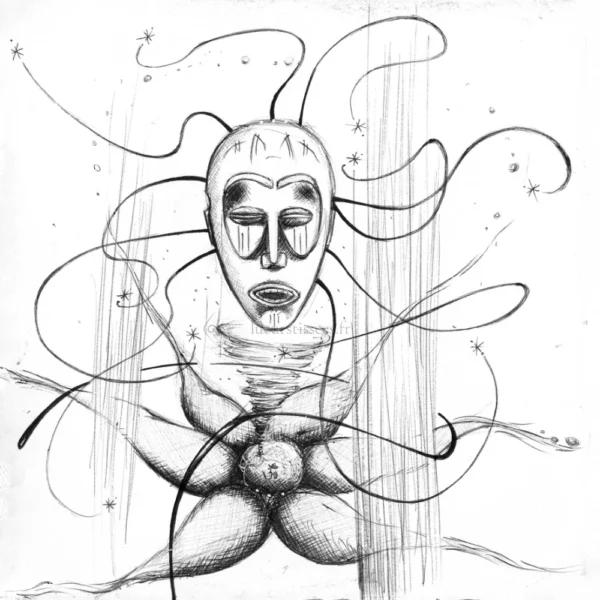 Tirage d'un dessin abstrait autour d'un masque africain, au stylo bille noir