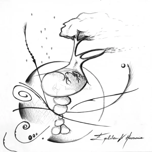 Tirage d'un dessin abstrait autour de l'équilibre, au stylo bille noir