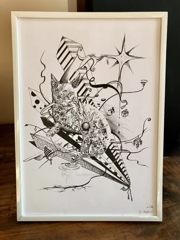 Tirage d'un dessin abstrait au stylo noir style doodle faisant apparaître la silhouette d'un chat, encadré