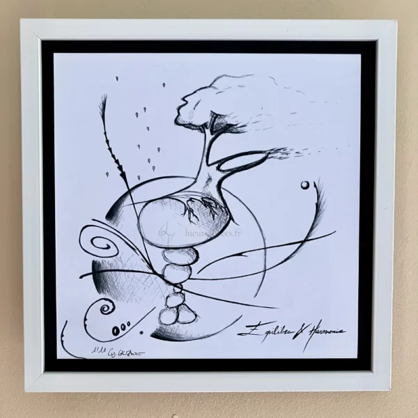 Tirage d'un dessin abstrait au stylo bille noir autour de l'équilibre, encadré