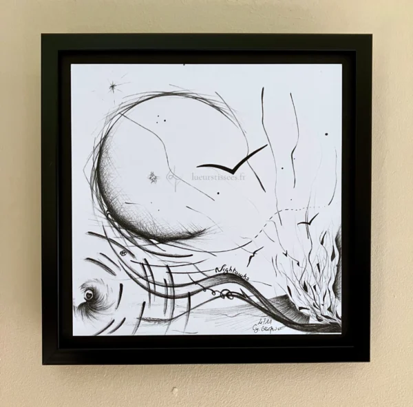 Tirage d'un dessin abstrait au stylo bille noir sur les rêves, encadré