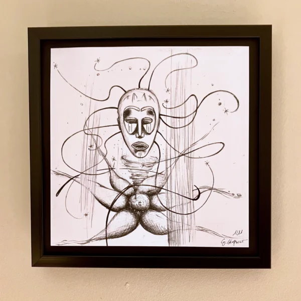 Tirage d'un dessin abstrait au stylo bille noir autour d'un masque africain, encadré