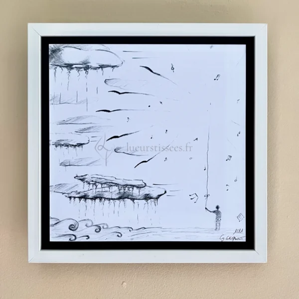 Tirage d'un dessin imaginaire au stylo bille noir, homme tient un "parapluie musical" éloignant nuages et pluie, encadré