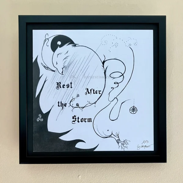 Tirage d'un dessin abstrait au stylo bille noir autour de l'apaisement après tempête, encadré