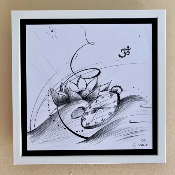 Tirage d'un dessin abstrait au stylo bille noir autour du temps, encadré