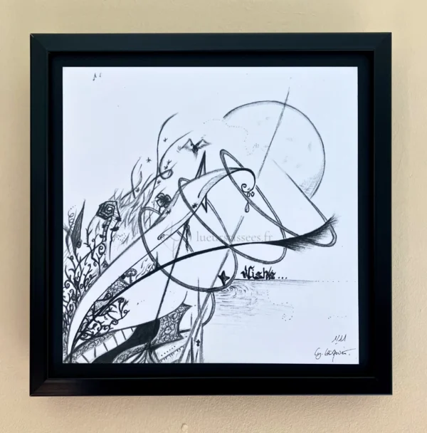 Tirage d'un dessin abstrait au stylo bille noir autour des souhaits, encadré