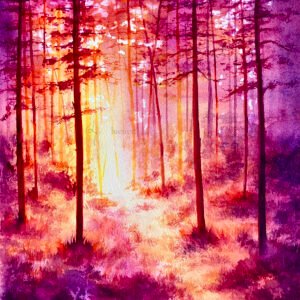 Scan aquarelle forêt mystique rétro-éclairée, violet rose jaune orangé, encadrée